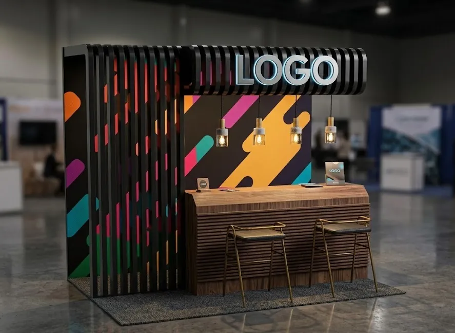 Booth with warm wood textures, slatted walls and pendant lights