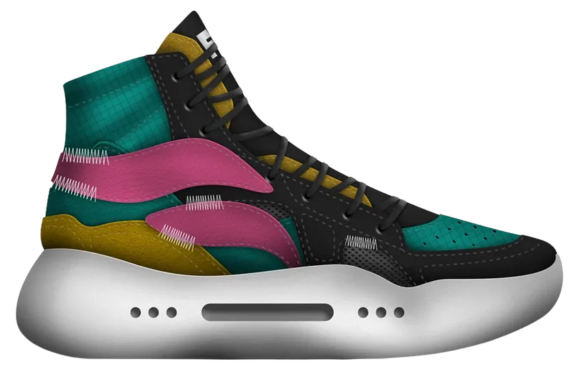 CMF render, high-top in teal, magenta and mustard