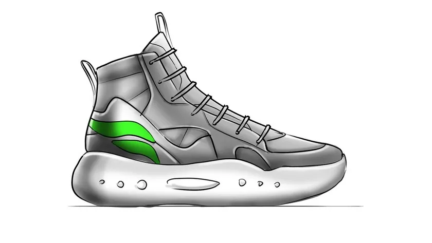 Grey marker sketch of a high-top with green accent