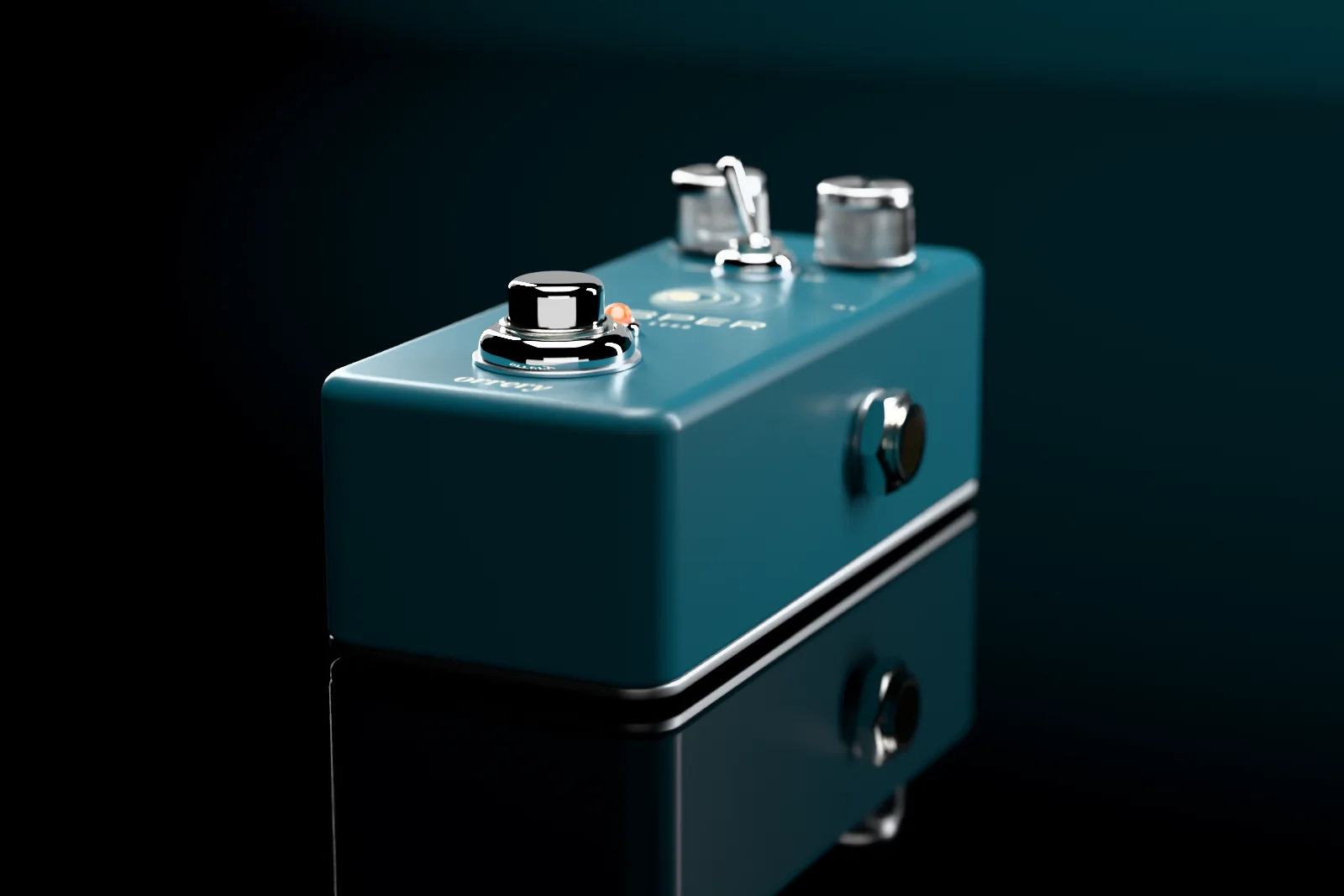 Teal Vesper pedal on black reflective glass in low light